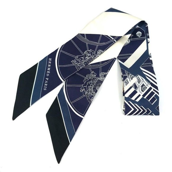 HERMES 063932S0 19 SPRINGS SPRINGS BAGUE Twilly Scarf silk Navy Unused - Picture 1 of 7